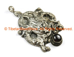 Ethnic Tribal Antique Look Repousse Tibetan Dragon Pendant with Onyx Garnet Inlay - TibetanBeadStore - Handmade - Unisex Jewelry - WM7234