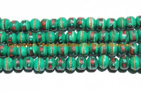 20 BEADS 10mm Tibetan Green Color Bone Beads with Turquoise, Coral & Metal Inlays- Ethnic Nepal Tibetan Green Bone Beads- LPB148-20
