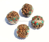 4 BEADS - Tibetan Natural Rudraksha Seed Beads with Brass, Turquoise & Coral Inlaid Caps - Ethnic Handmade Tibetan Beads - B2085-4