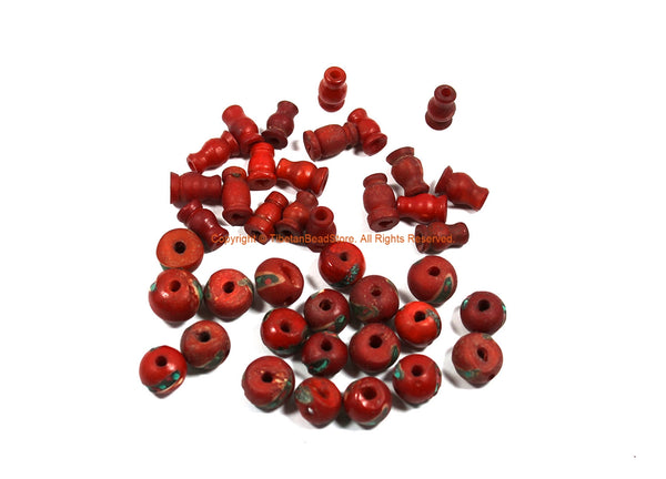 21 SETS - Tibetan Inlaid Red Bone Guru Bead Sets - Bulk Lot Inlay Bone Guru Beads & Caps - Mala Making Supply 3 Hole Guru Beads - GB63A-21