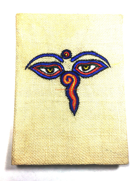 Handmade Lokta Paper Notebook with Embroidered Buddha Eyes from Nepal - HC134D