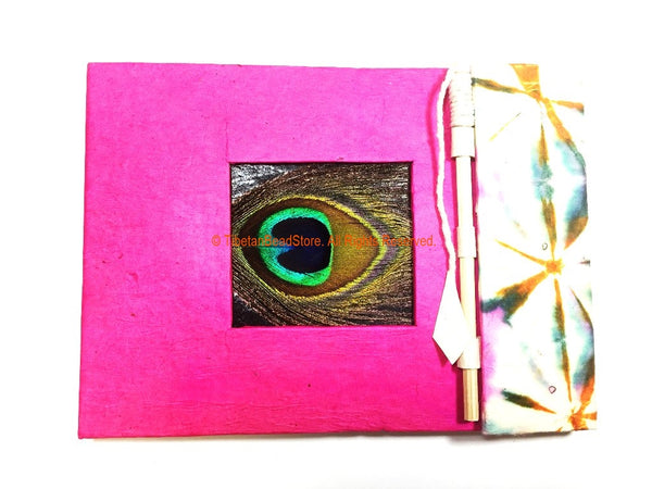 Handmade Peacock Feather & Lokta Paper Notebook from Nepal - HC135C