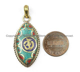 Nepal Tibetan OM Mantra Pendant with Brass, Lapis, Turquoise, Coral Inlay Om Pendant Nepal Pendant Tibetan Pendant Tibet Pendant - WM5916