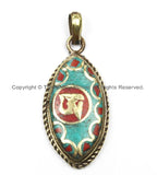 Nepal Tibetan OM Mantra Pendant with Brass, Turquoise, Coral Inlays Om Pendant Nepalese Pendant Tibetan Pendant Tibet Pendant - WM5918