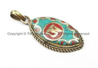 Nepal Tibetan OM Mantra Pendant with Brass, Turquoise, Coral Inlays Om Pendant Nepalese Pendant Tibetan Pendant Tibet Pendant - WM5918