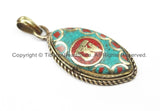 Nepal Tibetan OM Mantra Pendant with Brass, Turquoise, Coral Inlays Om Pendant Nepalese Pendant Tibetan Pendant Tibet Pendant - WM5918