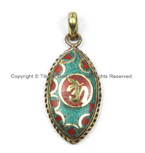 Nepal Tibetan OM Mantra Pendant with Brass, Turquoise, Coral Inlays Om Pendant Nepalese Pendant Tibetan Pendant Tibet Pendant - WM5917