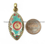 Ethnic Nepal Tibetan Pendant with Brass Spiral, Turquoise, Coral Inlay Pendant Nepal Pendant Tibetan Pendant TibetanBeadStore- WM5920