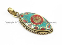 Ethnic Nepal Tibetan Pendant with Brass Spiral, Turquoise, Coral Inlay Pendant Nepal Pendant Tibetan Pendant TibetanBeadStore- WM5920