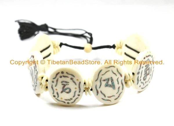 Adjustable Tibetan Inlaid Om Mani Mantra Bone Wrist Bracelet- Buddhist Yoga Bracelet Tribal Tibet Bone Bracelet Carved Bone Bracelet- C165