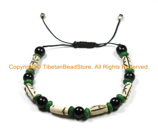 Adjustable Tibetan Bone & Wood Beads Bracelet- Boho Bracelet Unisex Bracelet Yoga Bracelet Nepal Tibetan Jewelry Beads Bracelet - C174