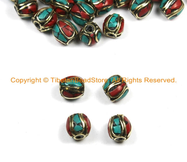 4 BEADS Tibetan Beads-Turquoise Beads Coral Beads Nepalese Beads Tibet Beads Tribal Beads Bohemian Country Beads Nepal Beads- B3032-4