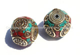 2 beads - Tibetan Thick Cube Beads with Brass Circle, Studs, Turquoise & Coral Inlays - Ethnic Nepal Tibetan Cube Box Shaped Beads - B2008-2