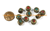 4 BEADS Tibetan Turquoise, Coral & Brass Inlay Beads - Tibetan Beads Nepalese Beads Tibet Beads Tribal Beads Nepal Beads- B3027-4