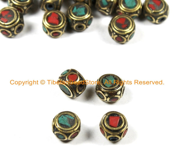 4 BEADS Tibetan Turquoise, Coral & Brass Inlay Beads - Tibetan Beads Nepalese Beads Tibet Beads Tribal Beads Nepal Beads- B3027-4