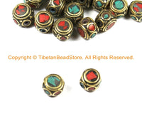 2 BEADS Tibetan Turquoise, Coral & Brass Inlay Beads - Nepalese Beads Tibet Beads Tribal Beads Tibetan Beads Nepal Beads- B3027-2
