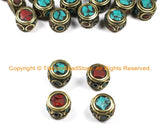 4 BEADS Tibetan Beads-Turquoise, Coral & Brass Inlay Beads Nepalese Beads Tibet Beads Tribal Beads TibetanBeadStore Nepal Beads- B3028-4