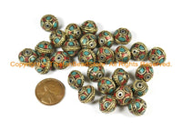 2 BEADS Tibetan Beads-Turquoise, Coral, Brass Inlay Beads Nepalese Beads Floral Beads Tribal Beads Handmade Beads Nepal Beads - B3026-2