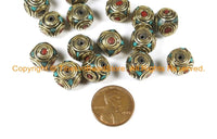 2 BEADS Tibetan Turquoise, Coral, Brass Inlay Cube Box Shaped Beads Nepalese Beads Tribal Beads Nepal Beads TibetanBeadStore - B3024-2