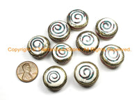 2 BEADS Tibetan Naga Conch Shell Beads with Spiral Design & Turquoise, Coral Inlays - Reversible Beads Nepalese Beads Tibet Beads- B3019-2