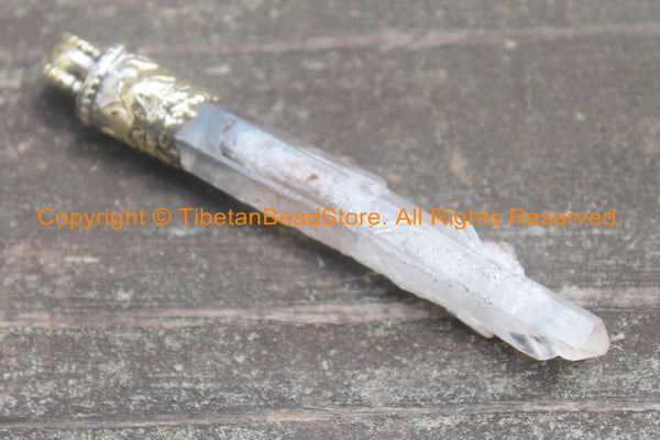 Tibetan Crystal Quartz Point Pendant with Tibetan Silver Carved Bail - Healing Quartz TibetanBeadStore Himalayan Crystal Pendant- WM6265