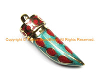Tibetan Coral, Turquoise & Brass Inlay Horn Tusk Pendant - Ethnic Design Tibetan Horn Tibetan Pendant Nepalese Tibetan Jewelry- WM6329
