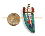 Tibetan Lapis, Coral, Turquoise & Brass Inlay Horn Tusk Pendant - Ethnic Tribal Boho Tibetan Horn Tibetan Pendant Tibetan Jewelry- WM6328