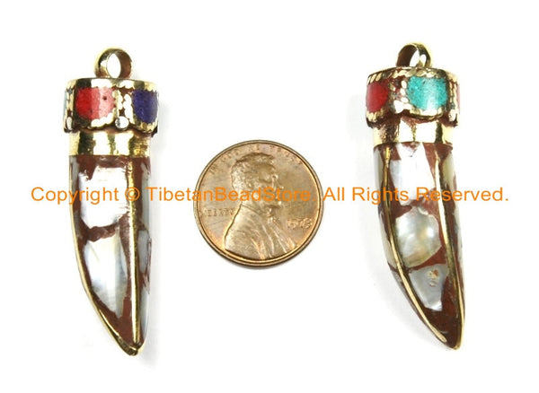 Tibetan Shell Pearl, Coral, Turquoise & Brass Inlay Horn Tusk Pendant - Ethnic Design Tibetan Horn Nepalese Nepal Tibetan Jewelry- WM6326