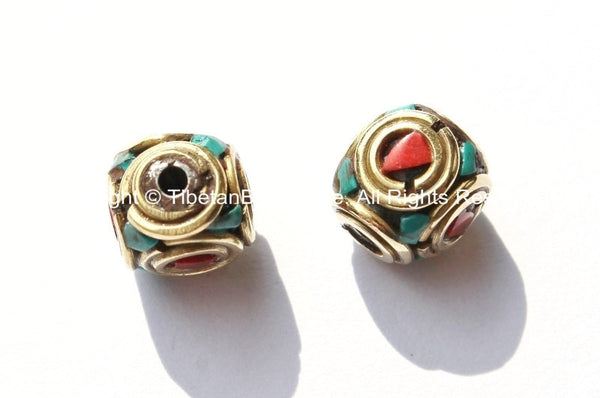 1 BEAD Tibetan Bead with Brass, Turquoise & Coral Inlays - Tibetan Cube Beads with Brass Circles - Nepalese Beads Tibetan Beads- B1775-1