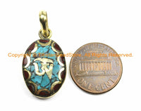 2 PENDANTS Tibetan OM Mantra Oval Charm Pendants with Brass, Turquoise & Coral Inlays - Nepalese Tibetan Pendants Tibetan Jewelry- WM6130-2