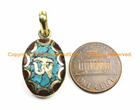 Tibetan OM Mantra Oval Charm Pendant with Brass, Turquoise & Coral Inlays - Nepalese Tibetan Pendants- TibetanBeadStore Jewelry- WM6130