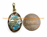 1 PENDANT Tibetan Sanskrit OM Mantra Charm Pendant with Brass, Turquoise & Coral Inlays- Nepal Tibetan Pendants Tibetan Jewelry WM6129-1