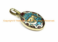 1 PENDANT Tibetan Sanskrit OM Mantra Charm Pendant with Brass, Turquoise & Coral Inlays- Nepal Tibetan Pendants Tibetan Jewelry WM6129-1