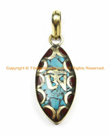 1 PENDANT Tibetan OM Mantra Charm Pendant with Brass, Turquoise & Coral Inlays - Nepalese Tibetan Pendants Tibetan Jewelry- WM6131-1