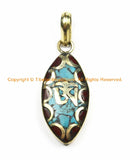 1 PENDANT Tibetan OM Mantra Charm Pendant with Brass, Turquoise & Coral Inlays - Nepalese Tibetan Pendants Tibetan Jewelry- WM6131-1