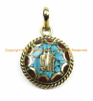 2 PENDANTS Tibetan Kalachakra Mantra Pendants with Brass, Turquoise & Coral Inlays - Amulet Charms- Nepalese Tibetan Pendants- WM6128-2