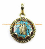 2 PENDANTS Tibetan Kalachakra Mantra Pendants with Brass, Turquoise & Coral Inlays - Amulet Charms- Nepalese Tibetan Pendants- WM6128-2