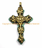 OOAK LARGE Tibetan Reversible Turquoise Cross Pendant with Repousse Brass Bail, Lotus Flower & Floral Details by TibetanBeadStore- WM6152