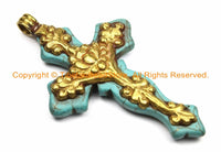 LARGE Tibetan Reversible Turquoise Cross Pendant with Repousse Brass Bail, Lotus Flower & Floral Details by TibetanBeadStore- WM6155