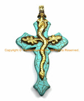 LARGE Tibetan Reversible Turquoise Cross Pendant with Repousse Brass Bail, Snake Serpent & Floral Details by TibetanBeadStore- WM6158