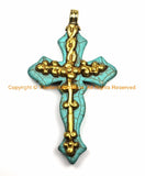 LARGE Tibetan Reversible Turquoise Cross Pendant with Repousse Brass Bail, Snake Serpent & Floral Details by TibetanBeadStore- WM6158