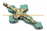 LARGE Tibetan Reversible Turquoise Cross Pendant with Repousse Tibetan Silver Bail, Phoenix Bird & Lotus Floral Details - WM6159