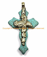 LARGE Tibetan Reversible Turquoise Cross Pendant with Repousse Tibetan Silver Bail, Phoenix Bird & Lotus Floral Details - WM6159