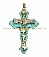 LARGE Tibetan Reversible Turquoise Cross Pendant with Repousse Tibetan Silver Bail, Lotus Flower & Floral Details - WM6161