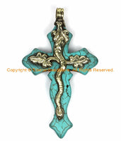 LARGE Tibetan Reversible Turquoise Cross Pendant with Repousse Tibetan Silver Bail, Snake Serpent & Floral Details - WM6160