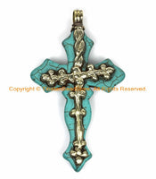 LARGE Tibetan Reversible Turquoise Cross Pendant with Repousse Tibetan Silver Bail, Snake Serpent & Floral Details - WM6160