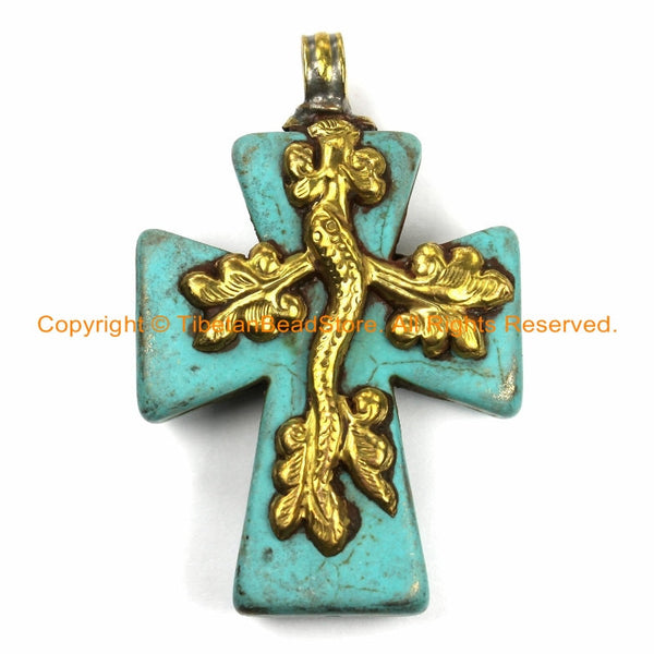 Tibetan Reversible Turquoise Cross Pendant with Repousse Brass Bail, Snake Serpent & Floral Details- Jewelry by TibetanBeadStore- WM6165