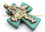 Tibetan Reversible Turquoise Cross Pendant with Repousse Tibetan Silver Bail, Phoenix Bird & Lotus Floral Details by TibetanBeadStore WM6171