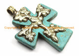 Tibetan Reversible Turquoise Cross Pendant with Repousse Tibetan Silver Bail, Snake & Lotus Floral Details by TibetanBeadStore WM6172