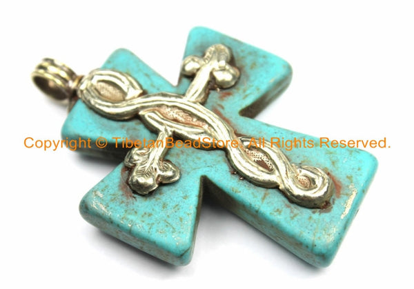 Tibetan Reversible Turquoise Cross Pendant with Repousse Tibetan Silver Bail, Floral & Twisted Vine Details by TibetanBeadStore- WM6170